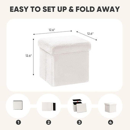 PINPLUS Storage Ottoman Cube Square Shaped Ottomans with Storage Foot Stool Footrest for Lving Room Boucle Ottoman Seat for Dorm Room,Faux Teddy Fur, White,11.8"x11.8"x11.8"