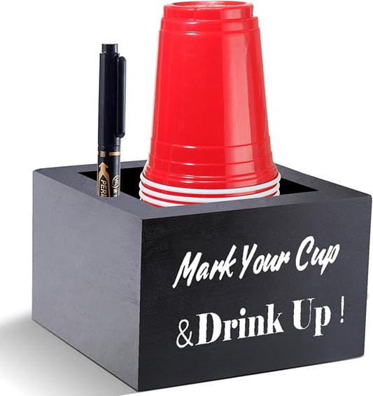 Wooden Cup Holder - Party Cup Holder with Marker Slot, for Party and Wedding, Rustic Disposable for Bar, Kitchen, Countertop, Home & Office, Black