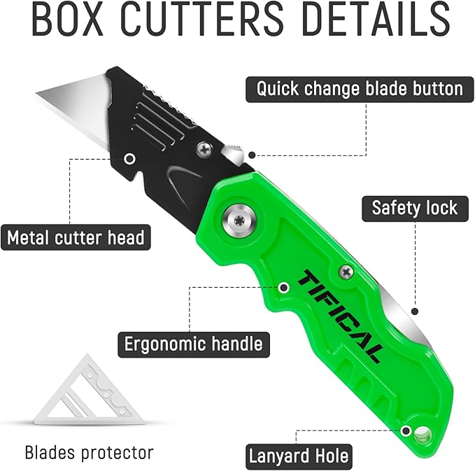 4 Pack Box Cutter Folding Utility Knife, Extra 10 Blades Included, Quick Change Blades, Lock-Back Design, Box Cutters for Carton, Cardboard, Boxes, Razor Knife Box Opener