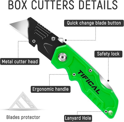 4 Pack Box Cutter Folding Utility Knife, Extra 10 Blades Included, Quick Change Blades, Lock-Back Design, Box Cutters for Carton, Cardboard, Boxes, Razor Knife Box Opener