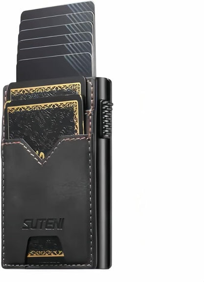 Men's Slim Wallet, RFID Blocking Metal Card Holder, Pop Up Design, Minimalist Style, Holds 9 Cards (Black)