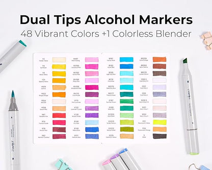 JusArt Alcohol Markers Brush Tip, 48 Colors Dual Tip Art Markers with Brush & Chisel, Alcohol Based Marker Set for Adult Coloring Books, Drawing, Illustration, Sketching, No Bleed Ink Art Supplies