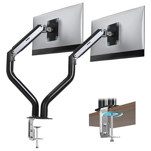 Lyngins Dual Monitor Stand, 17-32 inch Monitor Mounts for 2 Computer Screens, VESA Mount with 75/100 mm, Each Arm Supports Up to 20.94 lbs, Double Monitors Arm Desk Mount - Black