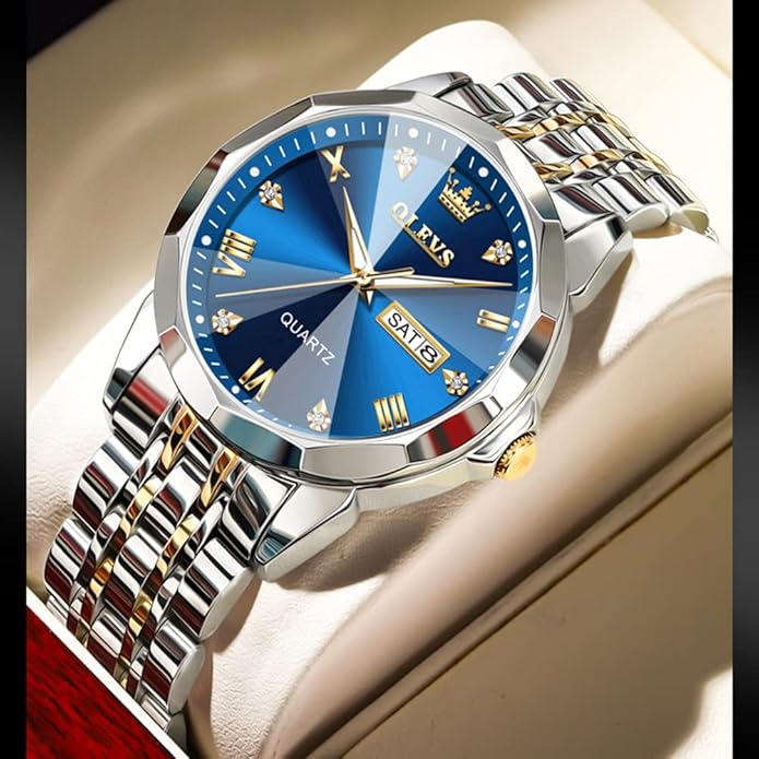 OLEVS Mens Watch Stainless Steel Analog Quartz Watches for Men Day Date Easy Read Diamond Waterproof Dress Luxury Classic Casual Big Face Blue/Black/Gold/Silver Roman Arabic Numerals Men's Wrist Watch
