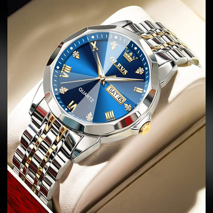 OLEVS Mens Watch Stainless Steel Analog Quartz Watches for Men Day Date Easy Read Diamond Waterproof Dress Luxury Classic Casual Big Face Blue/Black/Gold/Silver Roman Arabic Numerals Men's Wrist Watch