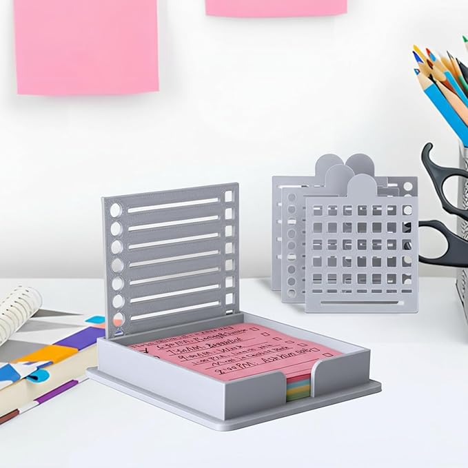 Sticky Note Stencil and Holder, 3x3 Inch Stick List Organizer, Post It Dispenser for Room and Office Desk Organizer, with Five Different Stencil (Grey)