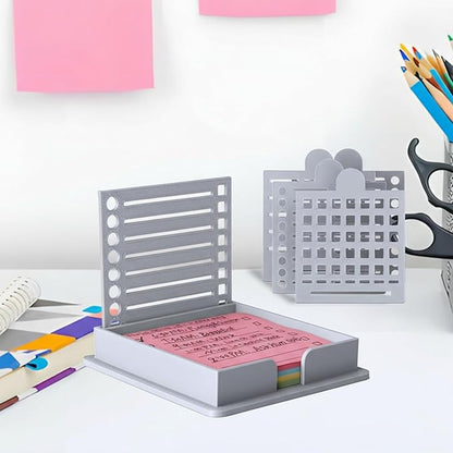 Sticky Note Stencil and Holder, 3x3 Inch Stick List Organizer, Post It Dispenser for Room and Office Desk Organizer, with Five Different Stencil (Grey)