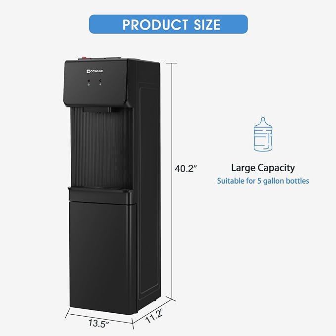 Top Loading Water Cooler Dispenser, 5 Gallon Hot & Cold Water Cooler with Freezer Cabinet, Water Dispenser with Child Safety Lock for Home Office, Apartment, Dorm, Gym