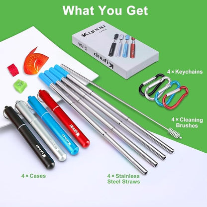 Kynup 4Packs Reusable Straws, Metal Straw with Silicon, Travel Drinking Straws with Case, Keychain, Cleaning Brushes, Silicon Pcs Perfect for Travel, Gifts (20 PCS) Blue-Black-Red-Silver