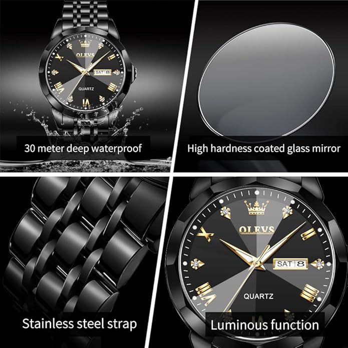 OLEVS Mens Watch Stainless Steel Analog Quartz Watches for Men Day Date Easy Read Diamond Waterproof Dress Luxury Classic Casual Big Face Blue/Black/Gold/Silver Roman Arabic Numerals Men's Wrist Watch