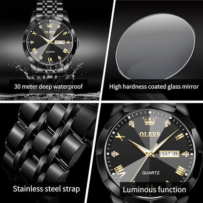 OLEVS Mens Watch Stainless Steel Analog Quartz Watches for Men Day Date Easy Read Diamond Waterproof Dress Luxury Classic Casual Big Face Blue/Black/Gold/Silver Roman Arabic Numerals Men's Wrist Watch