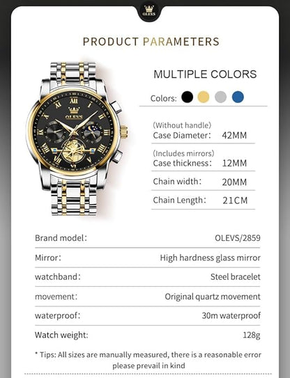 OLEVS Watches Men Waterproof Luxury Big Face Mens Watch Stainless Steel Quartz Analog Dress Watches for Men Luminous Multifunction Man Watch Relojes De Hombre