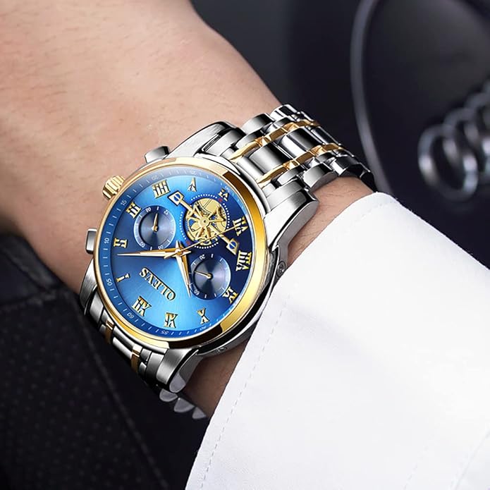 OLEVS Mens Watches Fashion Casual Analog Quartz Watch Waterproof Dress Wrist Watches with Stainless Steel Band Day Window for Men (Band with Gold Blue dial)