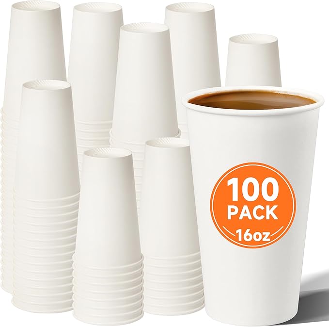 100 Pack Disposable Coffee Cups 16 oz, White Paper Cups, Hot Beverage Drinking Cups for Coffee, Water, Tea, Juice, Espresso