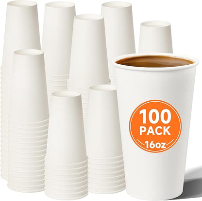 100 Pack Disposable Coffee Cups 16 oz, White Paper Cups, Hot Beverage Drinking Cups for Coffee, Water, Tea, Juice, Espresso