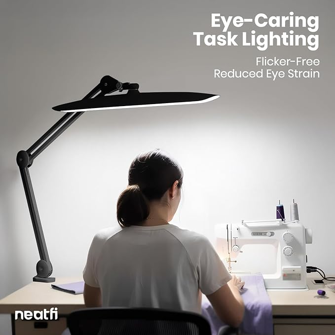 Neatfi XL LED Desk Lamp with Clamp, 2200 Lumens, 24W, 20-Inch Wide Head, Dimmable 4 Brightness Levels, Task Light for Home Office, Crafts, Workbench (Non-CCT, Black)
