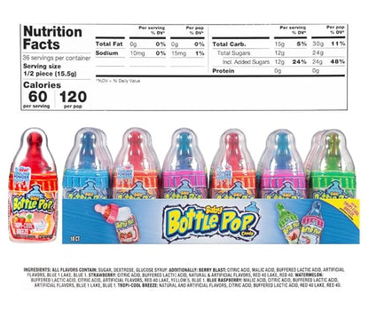 Baby Bottle Pop Christmas Candy Lollipop, 18 Ct Bulk Lollipops w/ Dipping Powder in Assorted Fruity Flavors, Full Size, Individually Wrapped Hard Candy For Party Favors, Stocking Stuffers, Kids Gifts