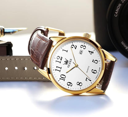 OLEVS Mens Watches Vintage Leather Band Dress Classic Easy Reader Arabic Numerals Analog Quartz Waterproof Date and Day Blue/Black/White Large Face Men's Wrist Watches