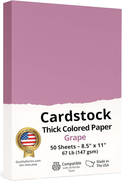 NextDayLabels Color Cardstock Paper - 50 Sheets - 8-1/2" x 11" - Grape 67 lb (147 gsm) - Thick Colored Paper for Crafting, Invitations, Posters, Flyers, and DIY Projects - Made in USA