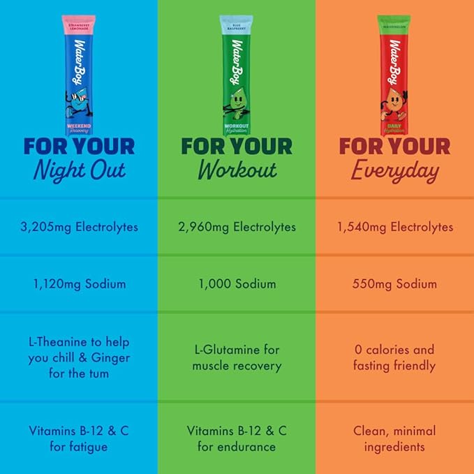 Waterboy Hydration Recovery Variety | 4-9x Electrolyte Powder Packets | Ginger + L-Theanine + L-Glutamine + Vitamins | No Sugar, All Natural, Gluten Free | 12 Drink Stick Mixes (Variety Pack)