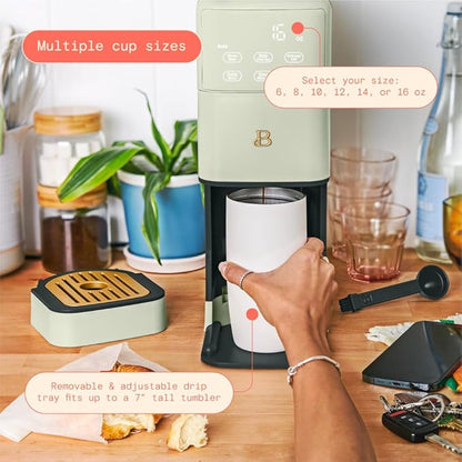 Beautiful Single Serve Coffee Maker with Built-In Burr Grinder, Hot or Iced, Pod-Free, 6 Brew Sizes, 3 Strengths, Touch Display, Reusable Filter, 64oz Reservoir, Slim Design (Sage Green)