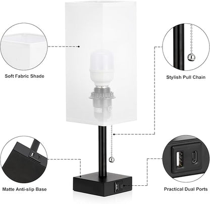Bedside Table Lamps Set of 2 - Small White Bedroom Lamps with 3 Color Temperatures (3000K/5000K/4000K), Square Nightstand Lamp with USB C + A Charging Ports, Pull Chain Night Light
