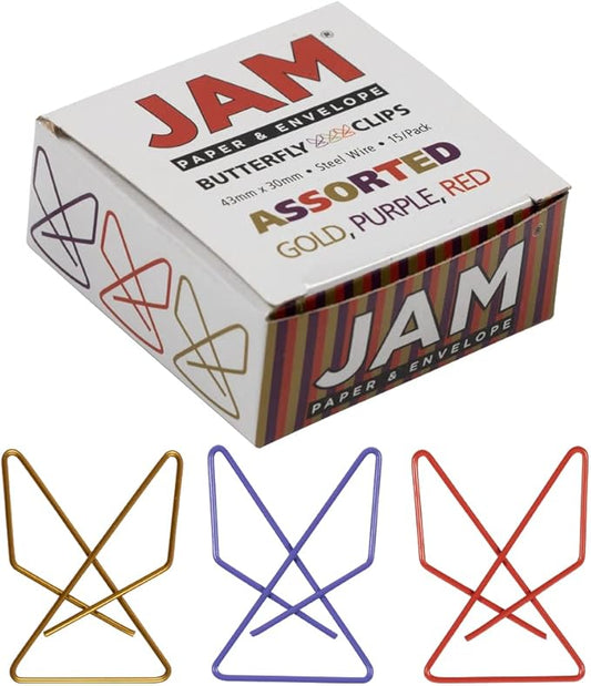 JAM PAPER Colorful Butterfly Clips - Assorted Paper Clamps - 15/Pack