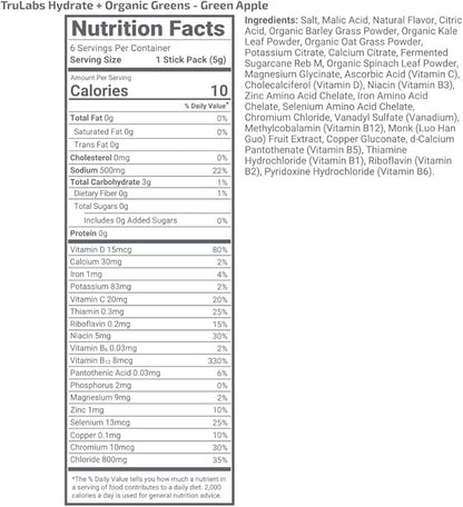TRULABS Hydrate + Organic Greens - Green Apple. Sugar Free Electrolytes Hydration Packets. Each Serving Contains 1422 mg of Electrolytes &19 Vitamins & Minerals & 4 Organic Greens (6ct)