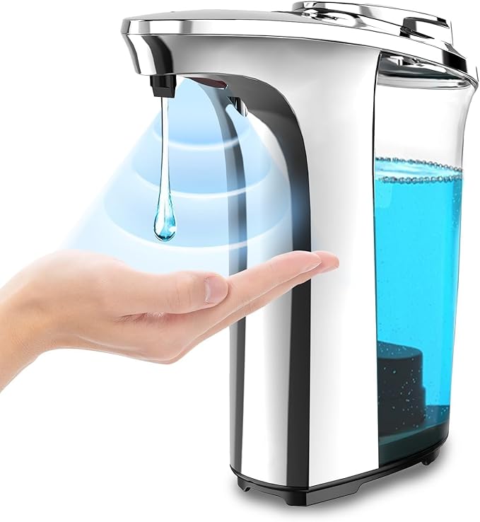FKWin Automatic Soap Dispenser, Touchless Sensor Hand Soap Dispenser 17oz/500ml, 5 Adjustable Dispensing, Wide Opening Refillable Reservoir, Battery Powered for Bathroom & Kitchen – Silver