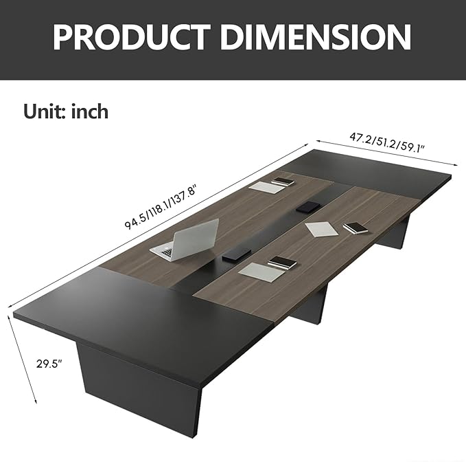 10FT Conference Table, Large Rectangular Seminar Meeting Table, Modern Conference Room Table with Cable Management & 2" Thickened DeskTop for Office Meeting (Oak + Grey, 118"L * 51"W * 30"H)