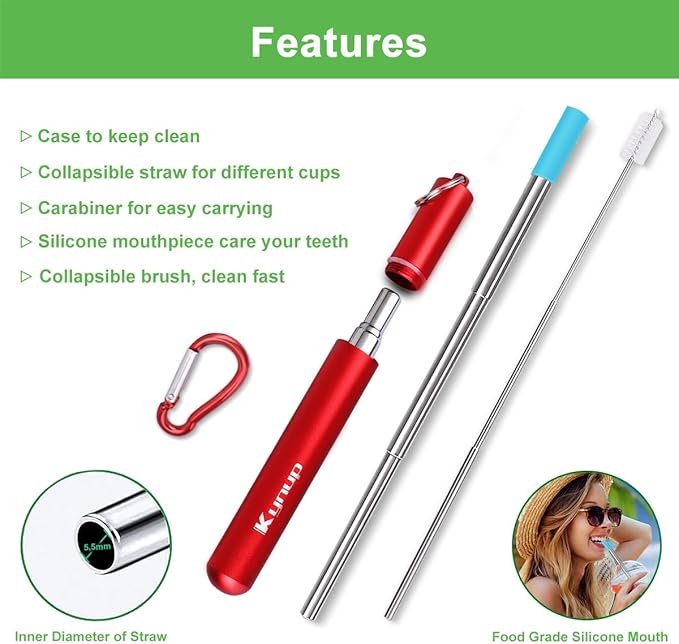 Kynup 4Packs Reusable Straws, Metal Straw with Silicon, Travel Drinking Straws with Case, Keychain, Cleaning Brushes, Silicon Pcs Perfect for Travel, Gifts (20 PCS) Blue-Black-Red-Silver