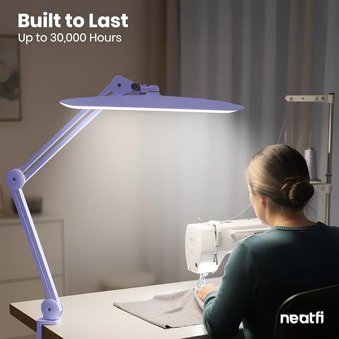 Neatfi XL LED Desk Lamp with Clamp, 2200 Lumens, 24W, 20-Inch Wide Head, Dimmable 4 Brightness Levels, Task Light for Home Office, Crafts, Workbench (Non-CCT, Lavender)