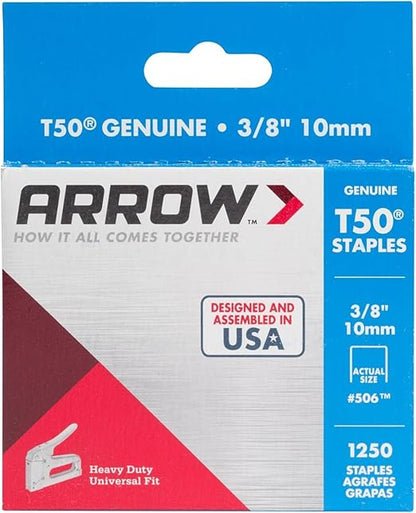 Arrow 506 T50 Heavy Duty Staples, 3/8-Inch Leg Length, 3/8-Inch Crown Width Staples for Upholstery, Construction, Furniture, Crafts, 1250-Pack