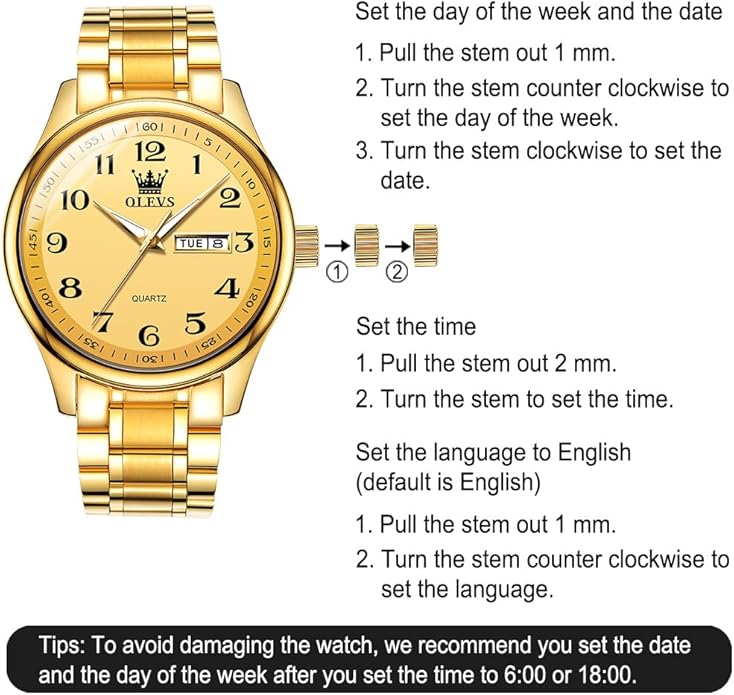 Men's Casual Stainless Steel Watch, Big Face Easy to Read Analog Quartz Watch with Day and Date, Classic Waterproof Diamond Roman Arabic Numerals Dial Dress Watch for Men, Gold Silver Black Band
