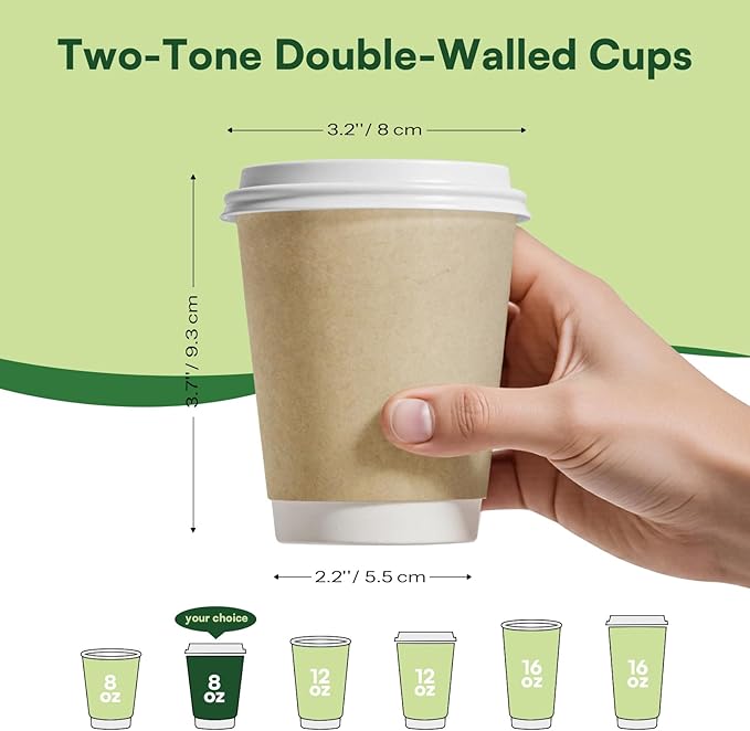 Disposable Coffee Cups with Lids 8 oz To Go Hot Cups 100 Pack Double Wall Paper Cups with Lids BPI Compostable Cups PLA Coated Natural Kraft Insulated Coffee Cups for Togo Office Coffee Bar Supplies