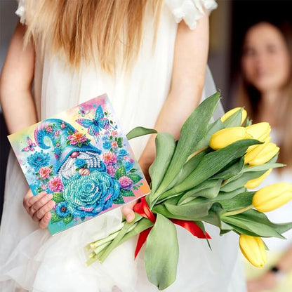 6pcs DIY Rose Gnome Diamond Art Painting Greeting Cards Kit, Rhinestone Art Holiday Birthday Card Set with Envelopes, DIY Festival Craft for Girlfriend, Christmas Valentine Gift Making Supplies