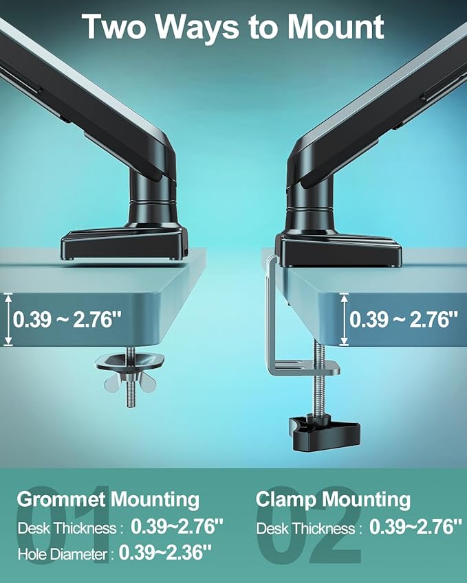 Dual Monitor Desk Mount, 13-32 inch Adjustable Gas Spring Monitor Arm, Computer Display Stand Holder with Clamp and Grommet Base, Fits 4.4 to 22lbs Screens, VESA Mount Bracket, Black, Freelift Pro