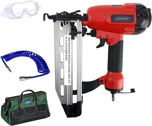 Pnumatic Finish Nailer,16Gauge Nail Gun Acepts 3/4 Inch up to 2-1/2 Inch Finish Nails.Brad Nailer Gun Can Hit Hardwood Ideal for Upholstery (Include 6m Air Tube & Portable Bag)