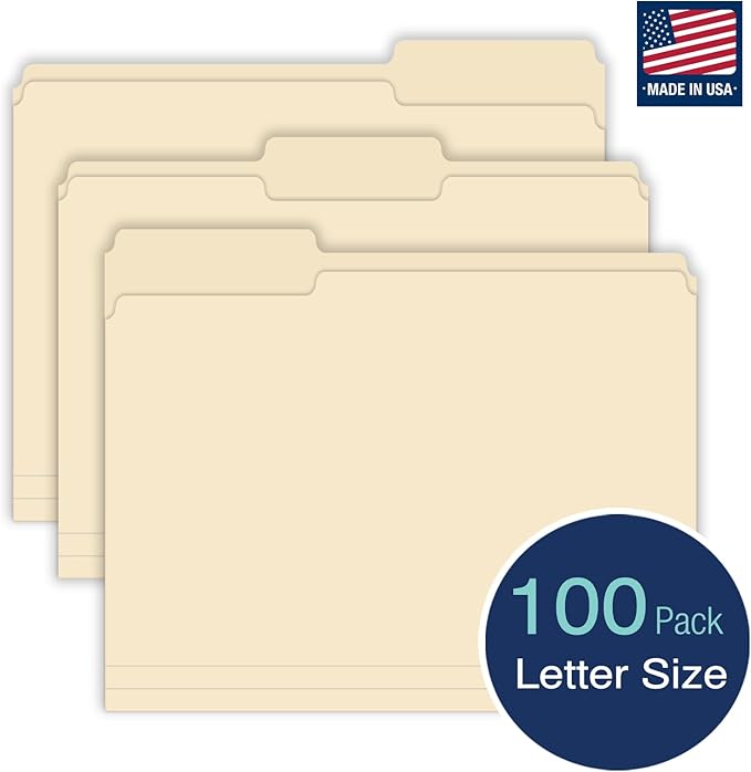 WritePads Manilla File Folders Letter Size 8.5 x 11 inch, 1/3 Cut Tab, 100 Per Box, Vanilla folders Great for Organizing and Easy File Storage,Heavy Weight Paper for Home Office School, Made in USA