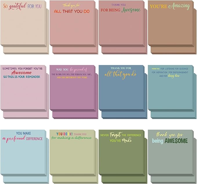 Yinder 12 Pcs Employee Appreciation Sticky Notes Xmas Gift Bulk Motivation Note Pads Mini Inspirational Note Gift for Teacher Nurse Staff Coworker Office Supply 3 x 3'' (Appreciation,Morandi)