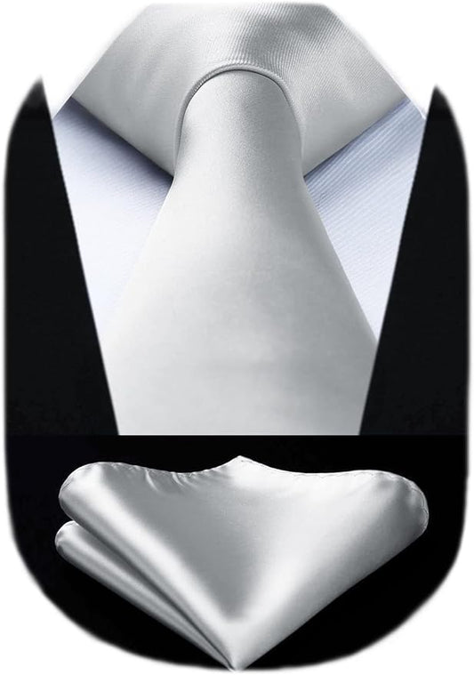 HISDERN Mens Solid Color Ties Formal Satin Necktie and Pocket Square Set Classic Wedding Business Tie & Handkerchief