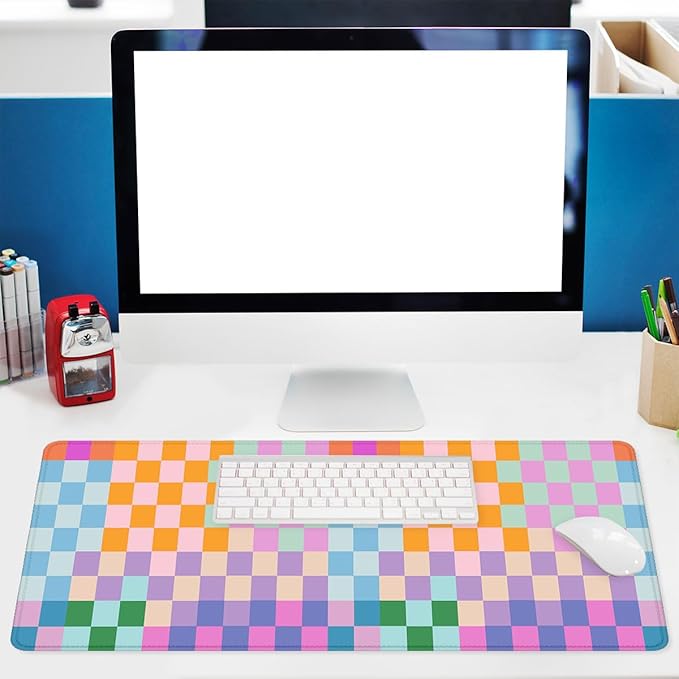 Colorful Plaid Desk Mat Cute Grid Red Blue Pink Yellow Large Gaming Mouse Mat with Stitched Edges,Non-Slip Waterproof Rubber Base Mous Mat 31.5"x11.8"