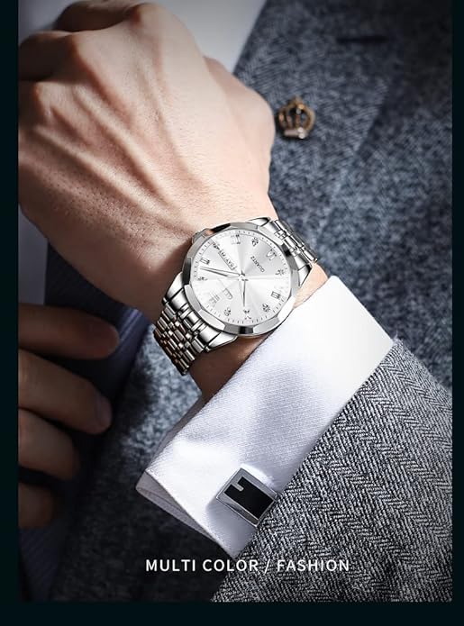OLEVS Mens Watch Stainless Steel Analog Quartz Watches for Men Day Date Easy Read Diamond Waterproof Dress Luxury Classic Casual Big Face Blue/Black/Gold/Silver Roman Arabic Numerals Men's Wrist Watch