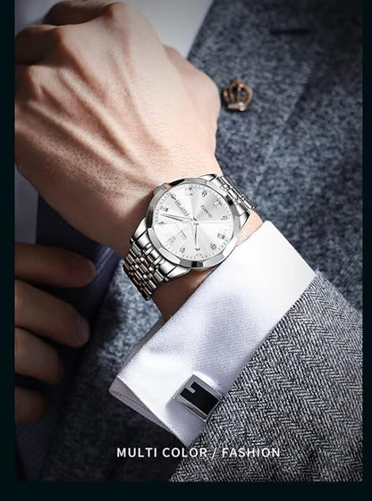 OLEVS Mens Watch Stainless Steel Analog Quartz Watches for Men Day Date Easy Read Diamond Waterproof Dress Luxury Classic Casual Big Face Blue/Black/Gold/Silver Roman Arabic Numerals Men's Wrist Watch