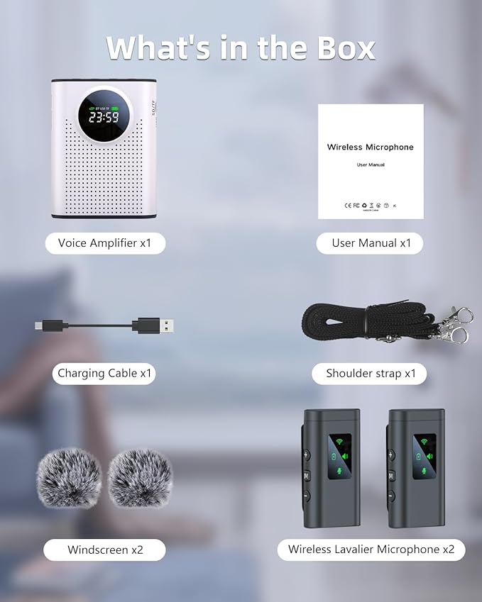 Rechargeable Voice Amplifier Wireless Microphone Dual for Teachers Classroom, Mini Lavalier Lapel Mic Clip Magnetic, Bluetooth Speaker with LED Display for Class, Tour Guide, Coaches, White