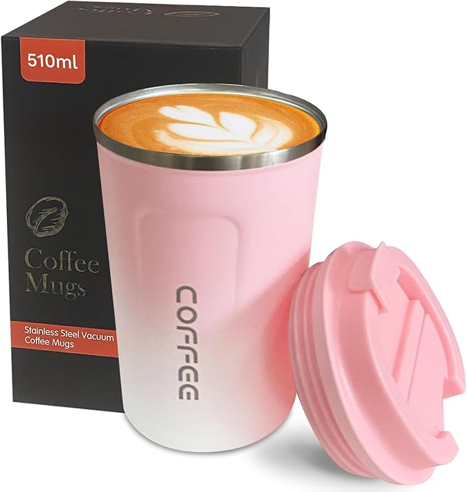 YINBAOGE Insulated Travel Coffee Mug, Spill & Leak Proof, Portable To Go Camping Stainless Steel Coffee Tumbler, Reusable Thermal Coffee Cup with Lid for Hot & Cold Drinks (2nd-Pink White, 17 OZ)