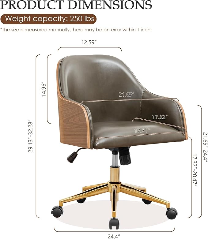 Genuine Leather Office Desk Chair, Adjustable Height Small Modern Comfortable Walnut Vanity Chair, Gold Legs Mid Back 360 Swivel for Home Office, Bedroom, Study, Meeting Room(Olive Green)
