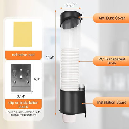 Disposable Paper Cup Dispenser，Water Cooler Pull Type Cup Holder，Pull-Type Paper Cup Holder with Adhesive and Screws（Black）