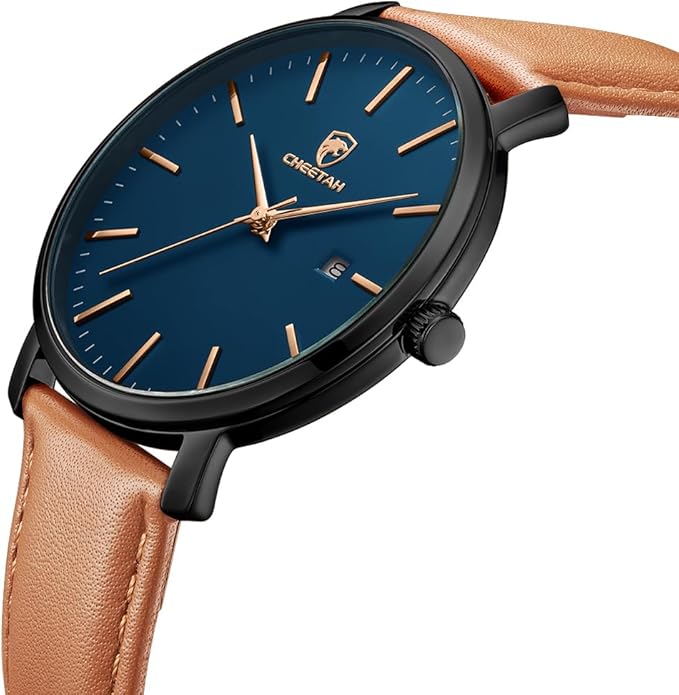 CHEETAH Minimalist Waterproof Quartz Watches for Men with Leather Strap, Auto Date