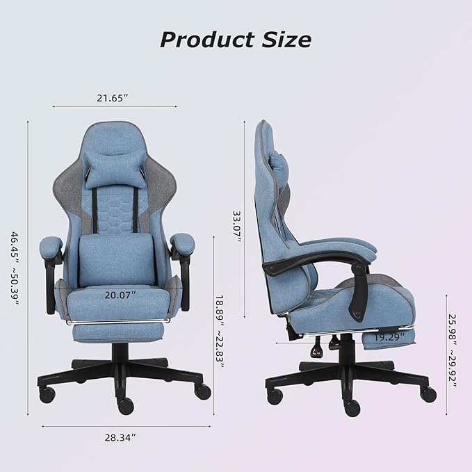 Gaming Chair, Computer Office Chair with Footrest, Linkage Armrests and Lumbar Support, High Back Ergonomic Gamer Chairs for Adults, Blue Fabric
